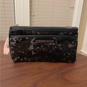 Victoria’s Secret Black Silver Sequin Zipper Pouch Makeup Cosmetic Bag Clutch